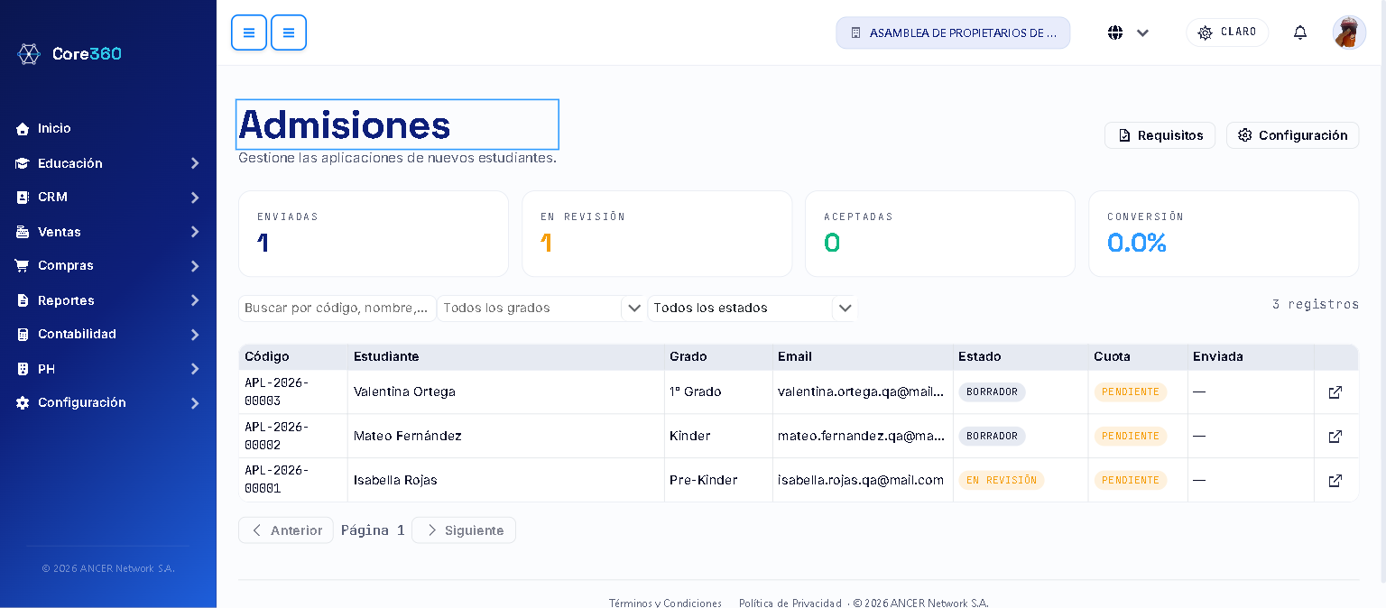 Listado de admisiones