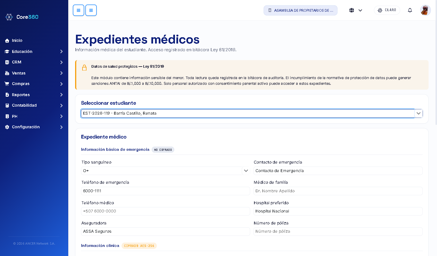 Sección de información básica de emergencia del expediente