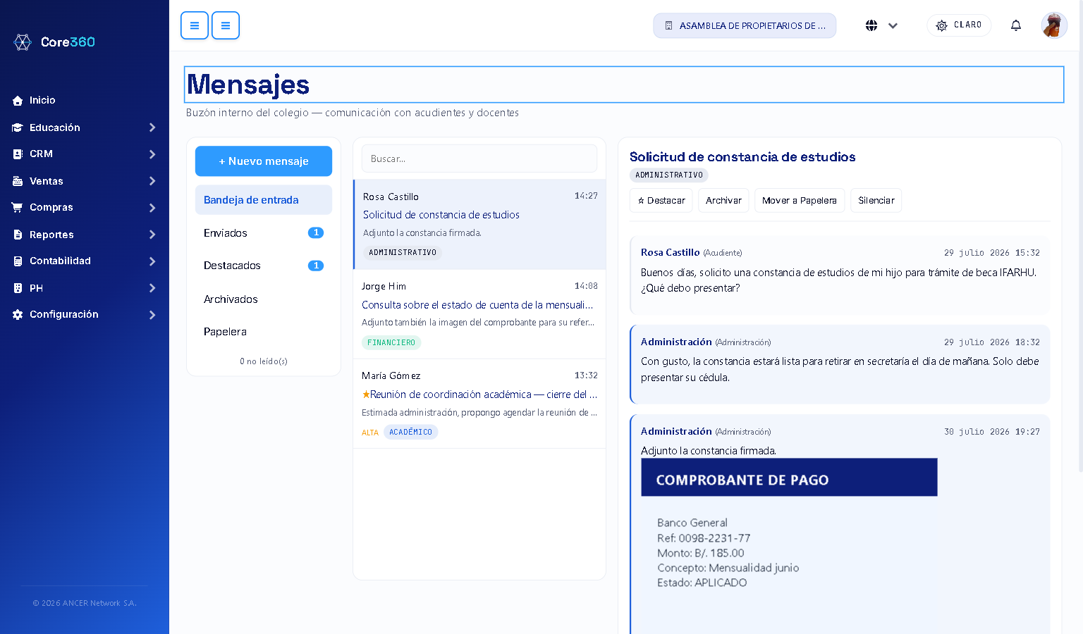 Detalle de una conversación con las acciones disponibles