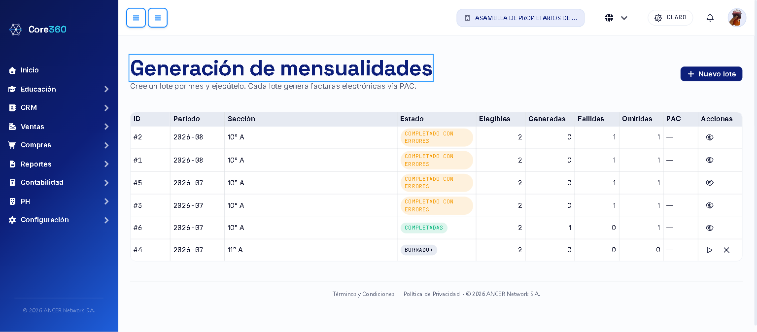 Listado de lotes de mensualidades