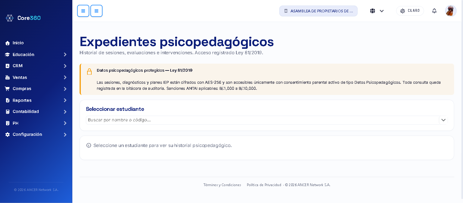 Pantalla inicial de psicopedagogía con el aviso de privacidad y el selector de estudiante